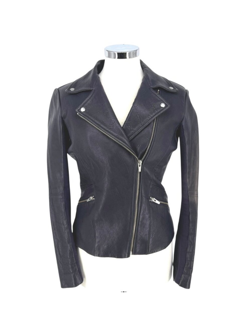 Veda Dallas Lamb Leather Moto Jacket Silver Zipper Details Dark Blue Size Medium